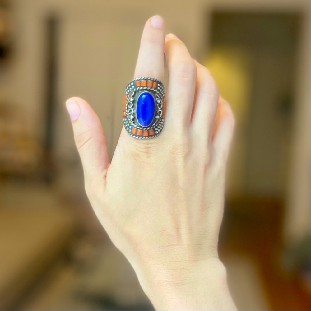 Moroccan Blue Orange Studded Ring - 10
